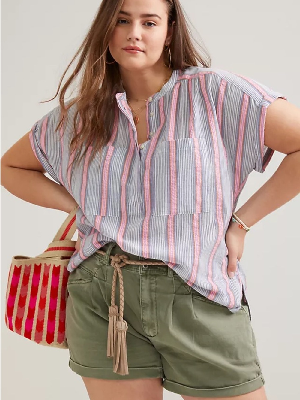 Anthropologie Pink and Gray Striped Short-Sleeve Tunic